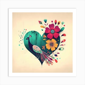 Peacock Heart Floral Art Print