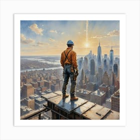 Skyline Symphony: A Construction Worker's Lonely Dance New York Art Print