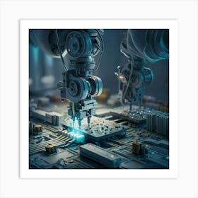 Robots Working On A Circuit Board Art Print