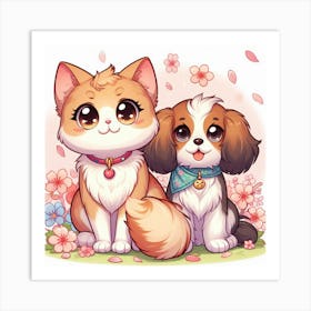 Cute Cat And Dog Art Print