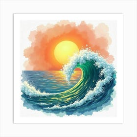 Emerald Ring, Watercolor, Sunset Over Ocean Waves 1 Art Print