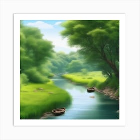 Landscape River With Boats Art Print