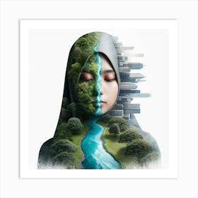 A photo of a young woman wearing a hijab with a green and blue pattern of nature on one side and a grey pattern of a city on the other side of her face, symbolizing the harmony between the natural world and urban life, and the need to protect the environment while still allowing for urban development. Art Print