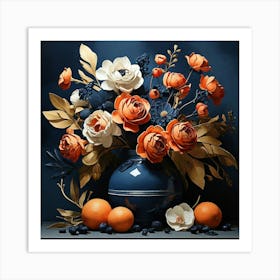 Floral Contemporary Still Life Dark Blue Art Print 2 Art Print