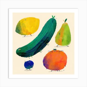 Colourful Walking Fruit With Cucumber Art Print