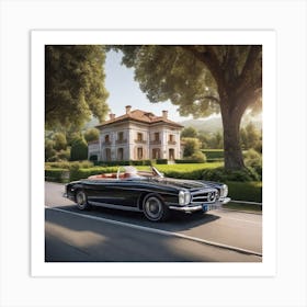 A Luxury Car Is Driving In A Rural Town Between Trees On A Street In Front Of A Luxurious Rural Villa Art Print