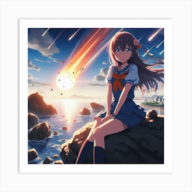 Anime Girl Sitting On Rocks Art Print