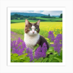 Cat In A Flower Field Photo Art Print