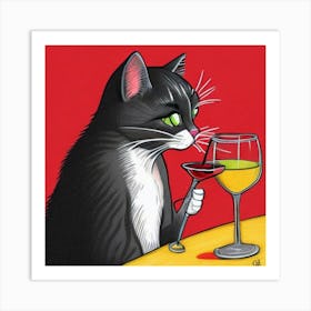 Wine For One Cat Drinking Wine Art Print Art Print