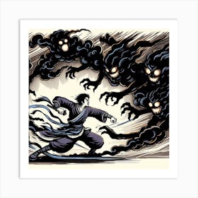 Samurai Fighting Demons Art Print