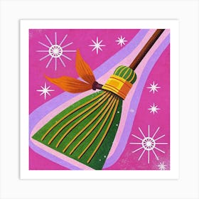 Green And Yellow Witch S Broomstick With Stars On Pink Background Art Print