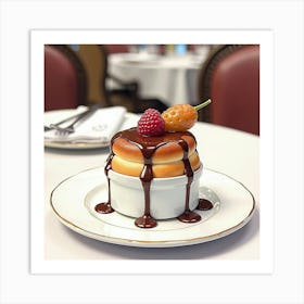 Watercolor Portrayal Of A Decadent And Creamy Chocolate Soufflé On A Stylish Restaurant Table Art Print