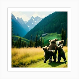 three bears together in forest  Art Print