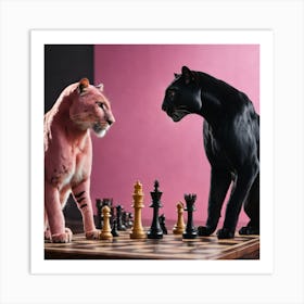 Pink and black panther play chess Art Print