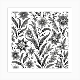 Batik, Black And White Floral Pattern 2 Art Print