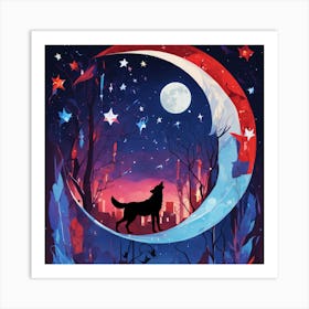 Wolf On The Moon Art Print