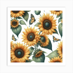 Sunflowers And Butterflies Art Print