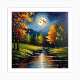 Full Moon Over A Stream Art Print