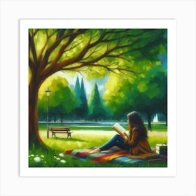 Girl Reading A Book In The Park, Acrylic Painting Style 1 Art Print