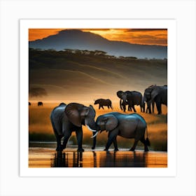 Elephants At Sunset 2 Art Print