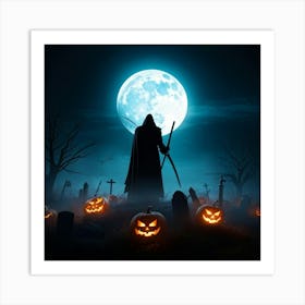 Reaper Silhouette Scythe Raised Against A Backdrop Of A Full Moon On Halloween Night With Wisps O 2 1 Art Print