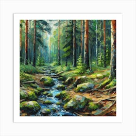 Stream In The Forest, Acrylic Painting Style 10 Art Print