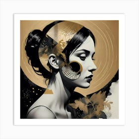 Echoes of the Celestial Muse: Gold And Black Portrait Of A Woman Art Print