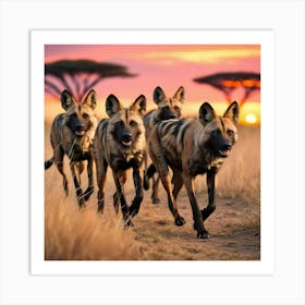 A Pack Of African Wild Dogs on the hunt.AI Art Print