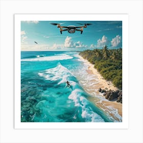 Drone View Capturing A Surfer Catching A Wave Near A Sandy Coastline Vibrant Turquoise Lagoon In Th (1) Poster