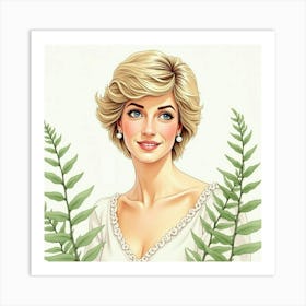 Princess Diana In A Serene Watercolor Scene With Delicate Fern Leaves 1 Art Print