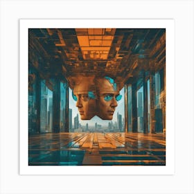 A Man S Head Shows Through The Window Of A City, In The Style Of Multi Layered Geometry, Egyptian Ar Art Print