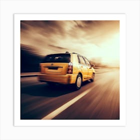 Yellow Taxi On The Road At Sunset Art Print