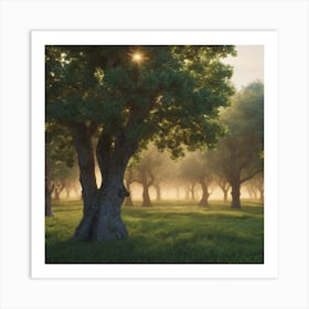 Sunrise Over A Field Of Trees Art Print