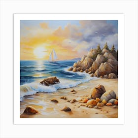 Oil painting design on canvas. Sandy beach rocks. Waves. Sailboat. Seagulls. The sun before sunset.32 Art Print