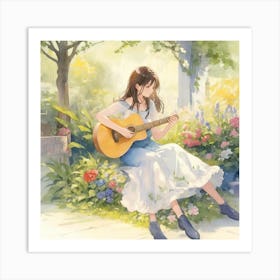 Beautiful Woman Playing Guitar In The Garde 0 Art Print