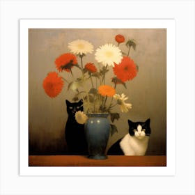 Cats and Flower Inspired By Odilon Redon Art Print