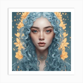 Blue Haired Girl with yellow background Art Print