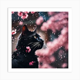 Black Cat, Raindrops and Pink Cherry Blossom 2 Art Print