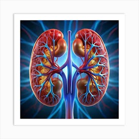 A 3D illustration of a pair of human kidneys, with detailed veins and arteries. Art Print