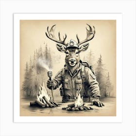 Deer With A Campfire Art Print