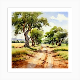 Watercolor Country Path Tall Olive Green Trees Lining The Country Path Landscape Country Field Art Print