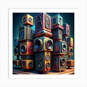 Stack Of Vintage Retro Speakers With A Futuristic Aesthetic Art Print