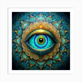 Blue Eye With Golden Eyelashes And Mandala Art Print