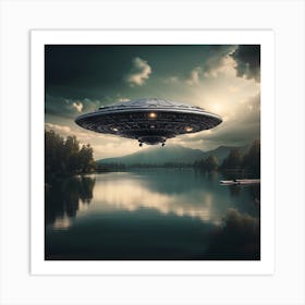 Alien Spaceship Flying Over The Lake Art Print