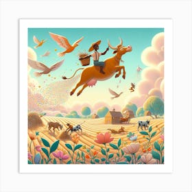 Illustration Of A Cow Flying Over A Field,Cow Flying In A Field,Inspired by Marc Chagall's floating Art Print