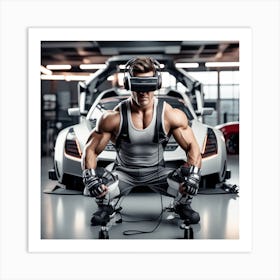 Alpha Male Model Working Out With Heavy Weight Machine, Wearing Futuristic Sonic Armor Exoskeletons And Vr Headset With Headphones Award Winning Photography With Sports Car Racing In Background Designed And C (2) Art Print