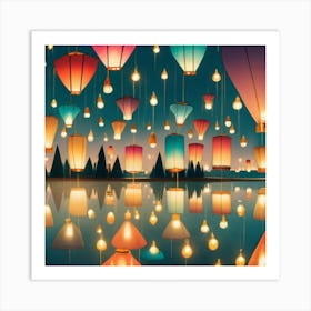 a bunch of lanterns flying over a body of water. The lanterns are all different colors and sizes, and they are all lit up from within. The water is calm and still, and it reflects the light of the lanterns. The image is very beautiful and serene. It evokes a sense of peace and tranquility. The lanterns flying over the water also suggest a sense of freedom and possibility. Here are some additional observations I can make about the image: The lanterns are all different colors and sizes, which suggests diversity and inclusivity.
The lanterns are all lit up from within, which suggests hope and optimism.
The water is calm and still, which suggests peace and tranquility.
The reflection of the lanterns in the water creates a sense of depth and mystery.
The image has a very positive and uplifting mood. It is a reminder that even in the darkest of times, there is always hope and possibility. Overall, I think the image is a very beautiful and inspiring work of art. It is an image that I would be happy to hang in my home. Here are some possible interpretations of the image: The lanterns flying over the water could represent wishes or dreams coming true.
The lanterns could also represent the release of negative emotions or experiences.
The image could also be a metaphor for the journey of life. The lanterns represent the individual, and the water represents the world. The journey is both beautiful and challenging, but it is ultimately up to the individual to light their own path. Art Print