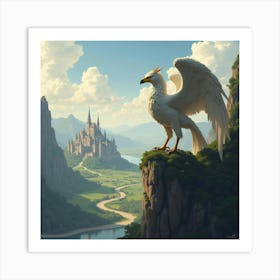 A Majestic Griffin Perched On A High Cliff Overlooking A Sprawling Kingdom Art Print