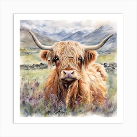 Rough Highland Cattle in Mountains Scotland Art Print