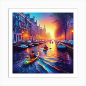 Into The Water A Kayaking Adventure Through Amsterdam S Canals At Dawn Style Neon Urban Impressionism (3) Art Print